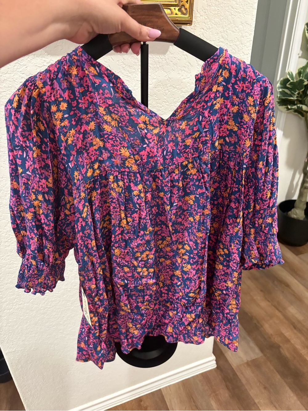 Terra & Sky Purple Floral V-Neck Blouse with Pink & Yellow Accents